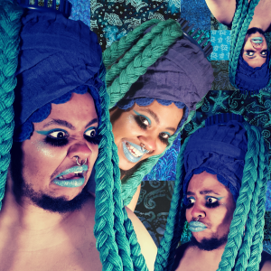 Wit López, a light-skinned gender non-conforming Black Boricua person, is wearing a tall, periwinkle blue headwrap with 6 long, thick turquoise yarn braids hanging down from the top of the wrap to past their shoulders. There are small blue yarn half circles lining the wrap near their forehead and a small blue knitting loom atop the wrap as a crown. They have on dark turquoise eyeshadow, turquoise glitter lipstick, and black false eyelashes on their bottom eyelid. There is a large version of Wit with a disgusted facial expression on the left side of the image, looking down on a slightly smaller version of them with a sad face, peeking out from behind the large version is another slightly smaller version of Wit that is smiling mischievously and looking into the camera, in the upper right corner is a much smaller, upside down version of Wit with an angry face. The background is a digital quilt of mostly ocean themed batik fabrics in various shades of blue.