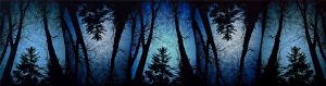 A landscape view of black tree silhouettes against a glowing blue night sky, image has been repeated and flipped to create a image that mirrors itself accross vertical axis.