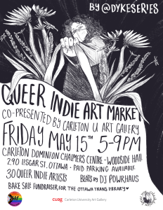 A hand drawn poster of a person wearing a mask and holding out a tote bag with flowers in it. The tote bag is covered with the event details and artist names