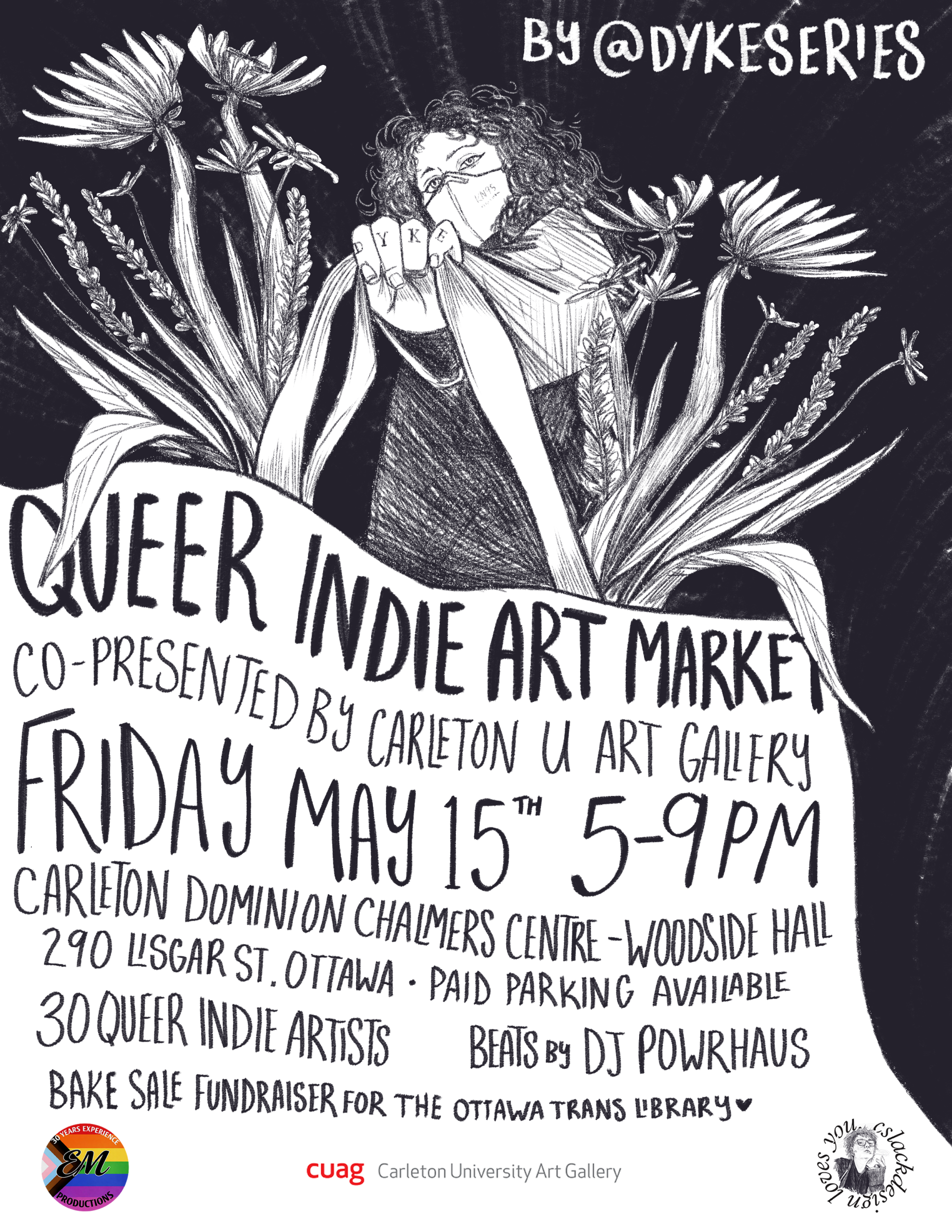 A hand drawn poster of a person wearing a mask and holding out a tote bag with flowers in it. The tote bag is covered with the event details and artist names